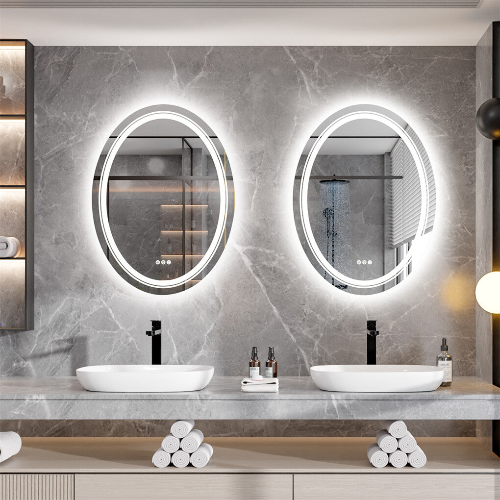 Mirrors: 80CM Oval Backlit+Front LED Bathroom Mirror Dimmable Shatter-Proof Vanity Mirror