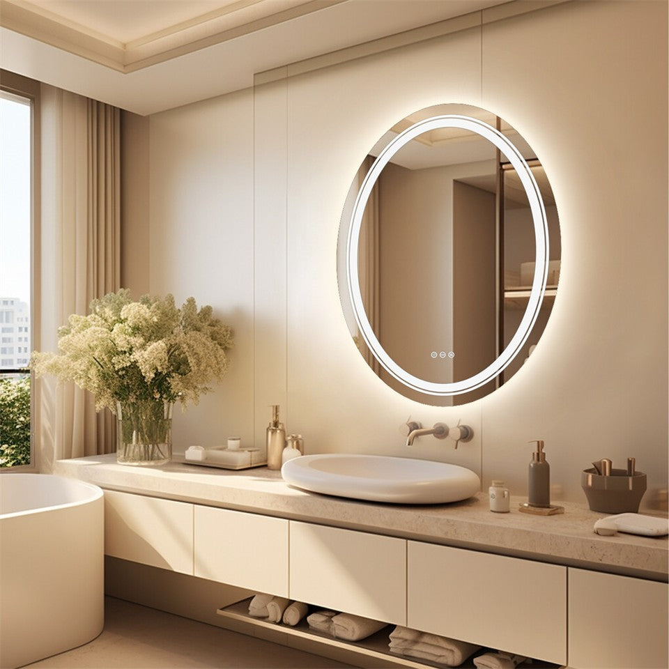 Mirrors: 80CM Oval Backlit+Front LED Bathroom Mirror Dimmable Shatter-Proof Vanity Mirror