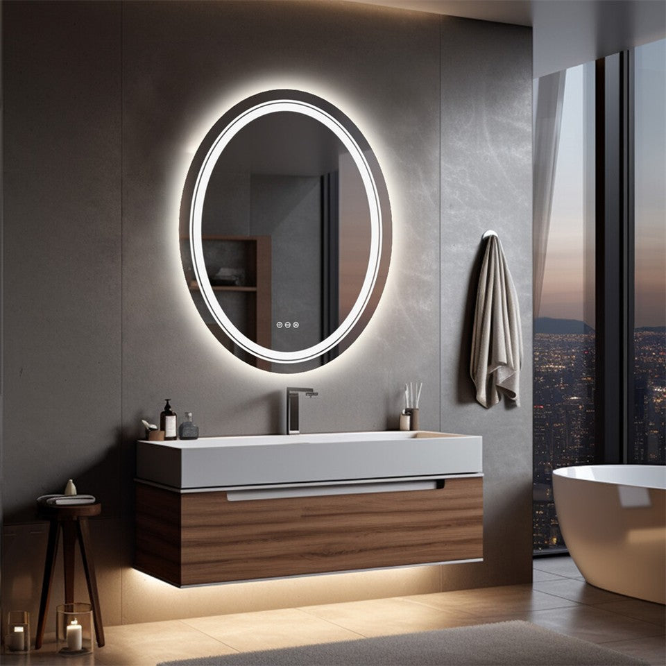 Mirrors: 80CM Oval Backlit+Front LED Bathroom Mirror Dimmable Shatter-Proof Vanity Mirror