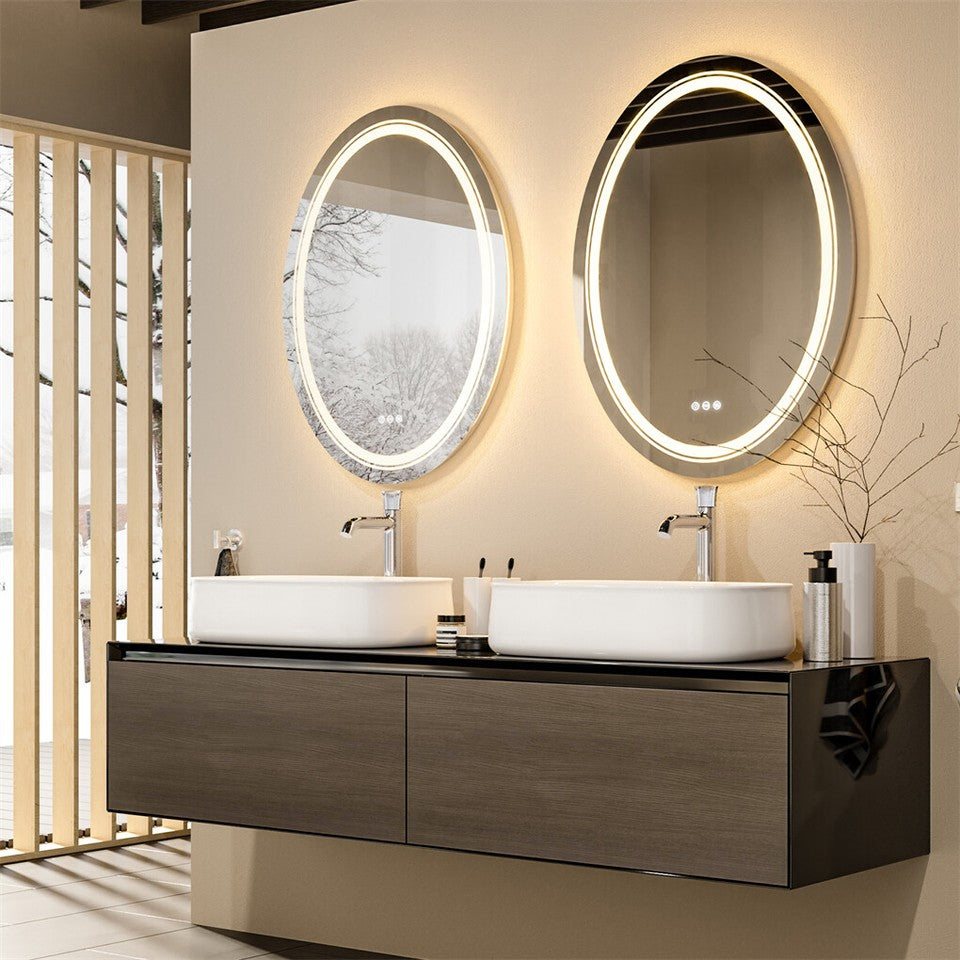 Mirrors: 80CM Oval Backlit+Front LED Bathroom Mirror Dimmable Shatter-Proof Vanity Mirror