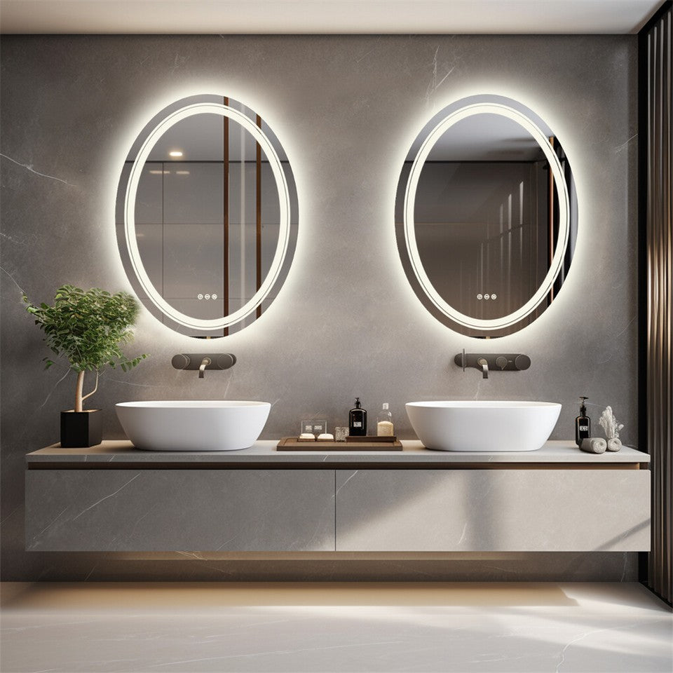 Mirrors: 80CM Oval Backlit+Front LED Bathroom Mirror Dimmable Shatter-Proof Vanity Mirror