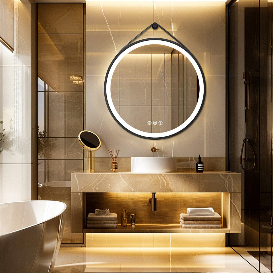 Mirrors: Round LED Bathroom Mirror with Anti-Fog & Black Frame