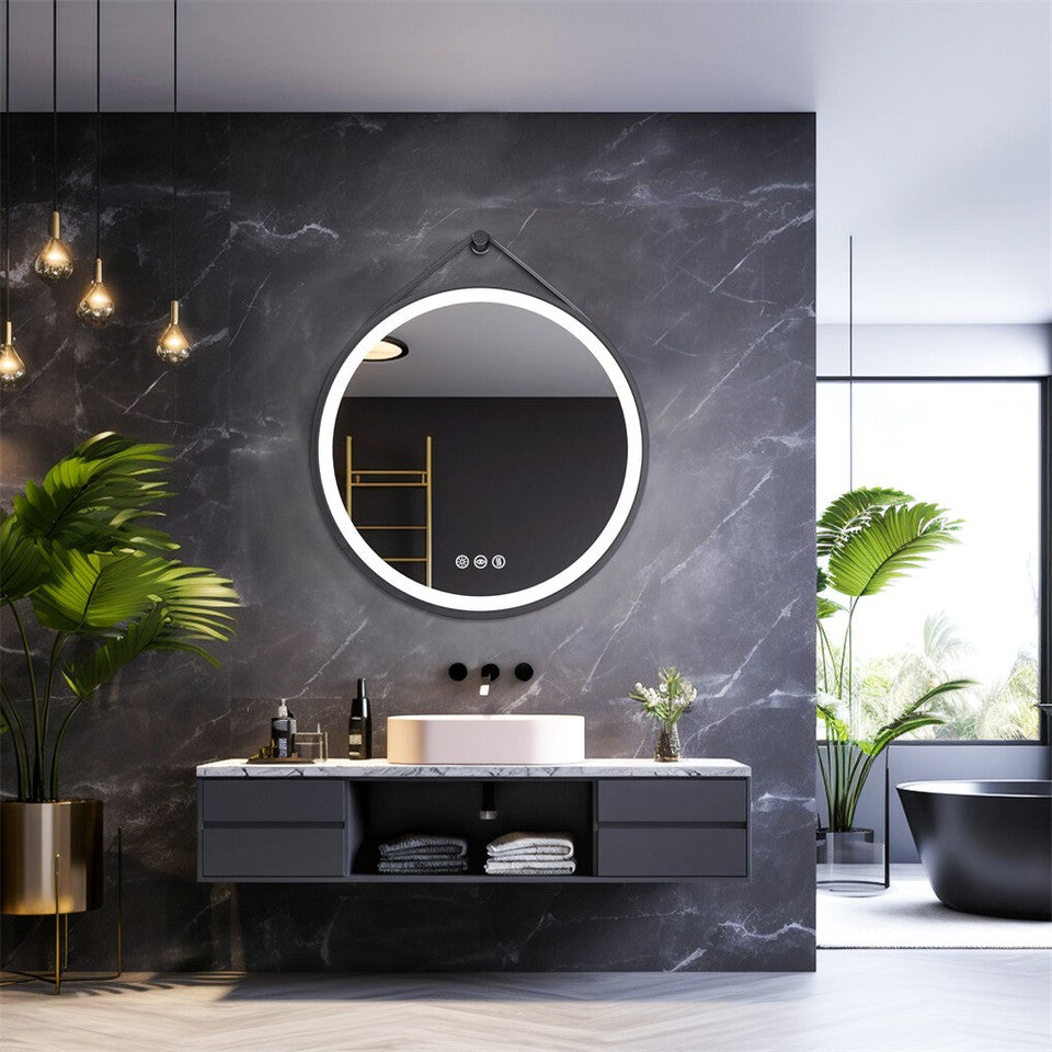 Mirrors: Round LED Bathroom Mirror with Anti-Fog & Black Frame