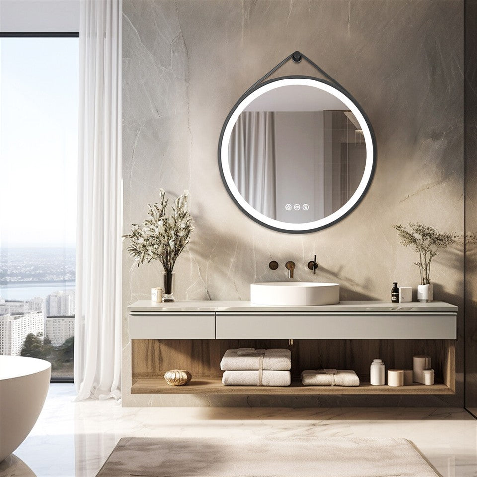 Mirrors: Round LED Bathroom Mirror with Anti-Fog & Black Frame