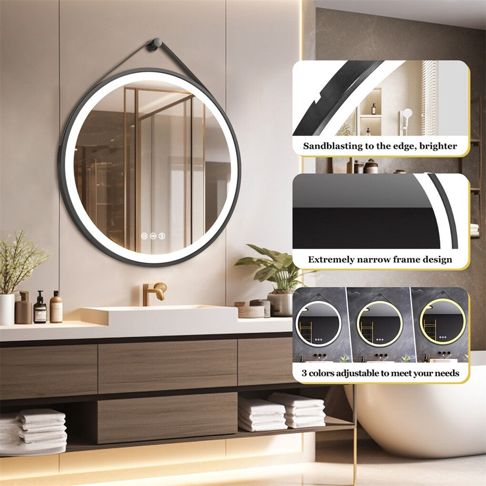 Mirrors: Round LED Bathroom Mirror with Anti-Fog & Black Frame