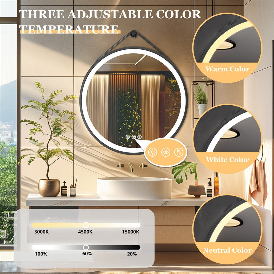 Mirrors: Round LED Bathroom Mirror with Anti-Fog & Black Frame