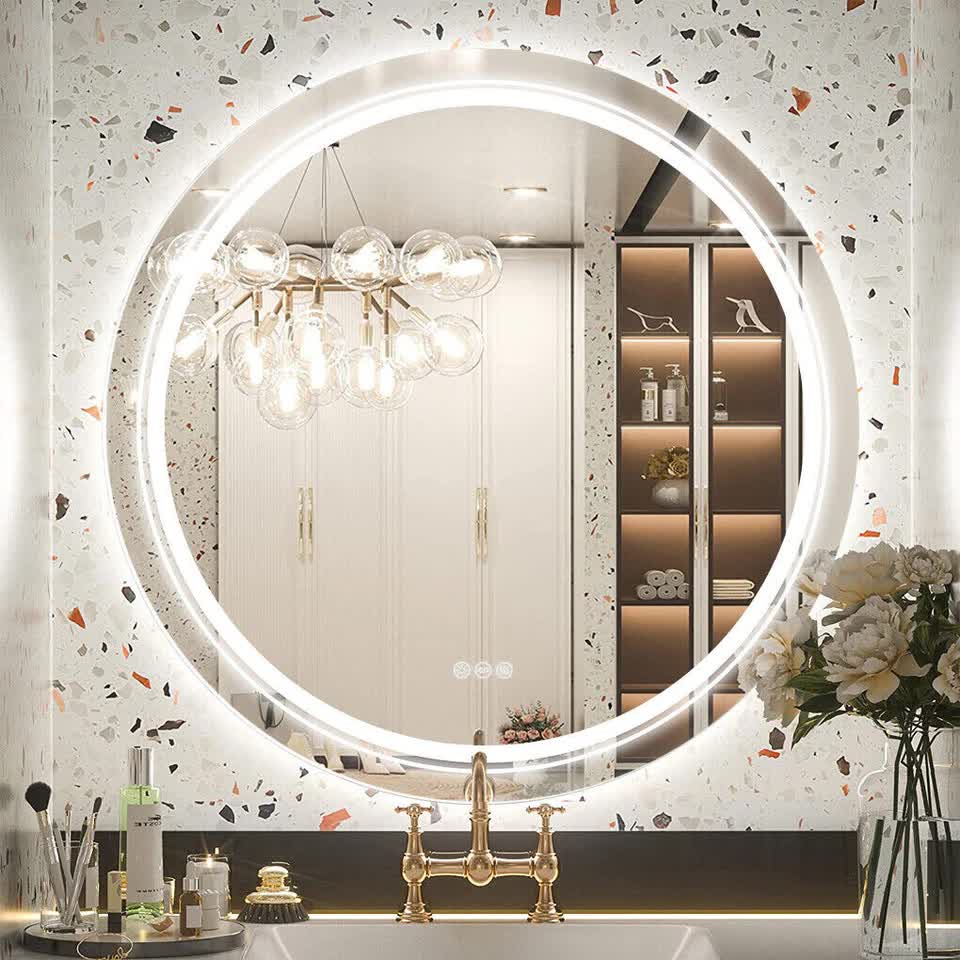 P&P Silver Mirror With White Frame Round LED Bathroom Mirror