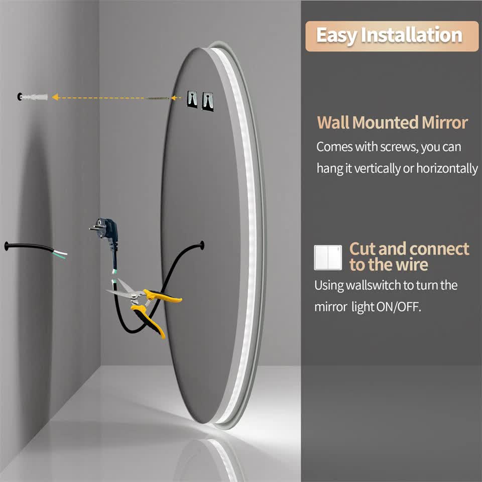 P&P Silver Mirror With White Frame Round LED Bathroom Mirror