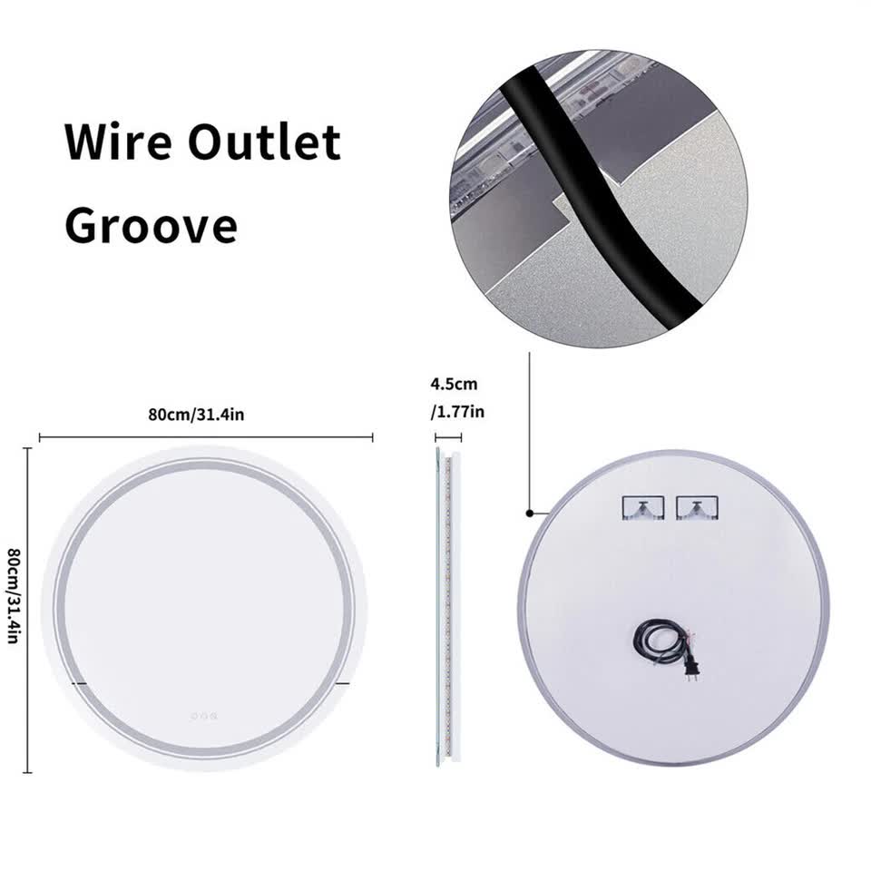 P&P Silver Mirror With White Frame Round LED Bathroom Mirror