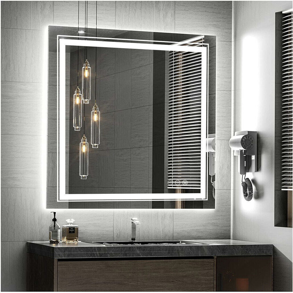 Mirrors: Fin Large Square Wall Mount Smart Led Bathroom Mirror Anti Fog Backlit Vanity Mirror