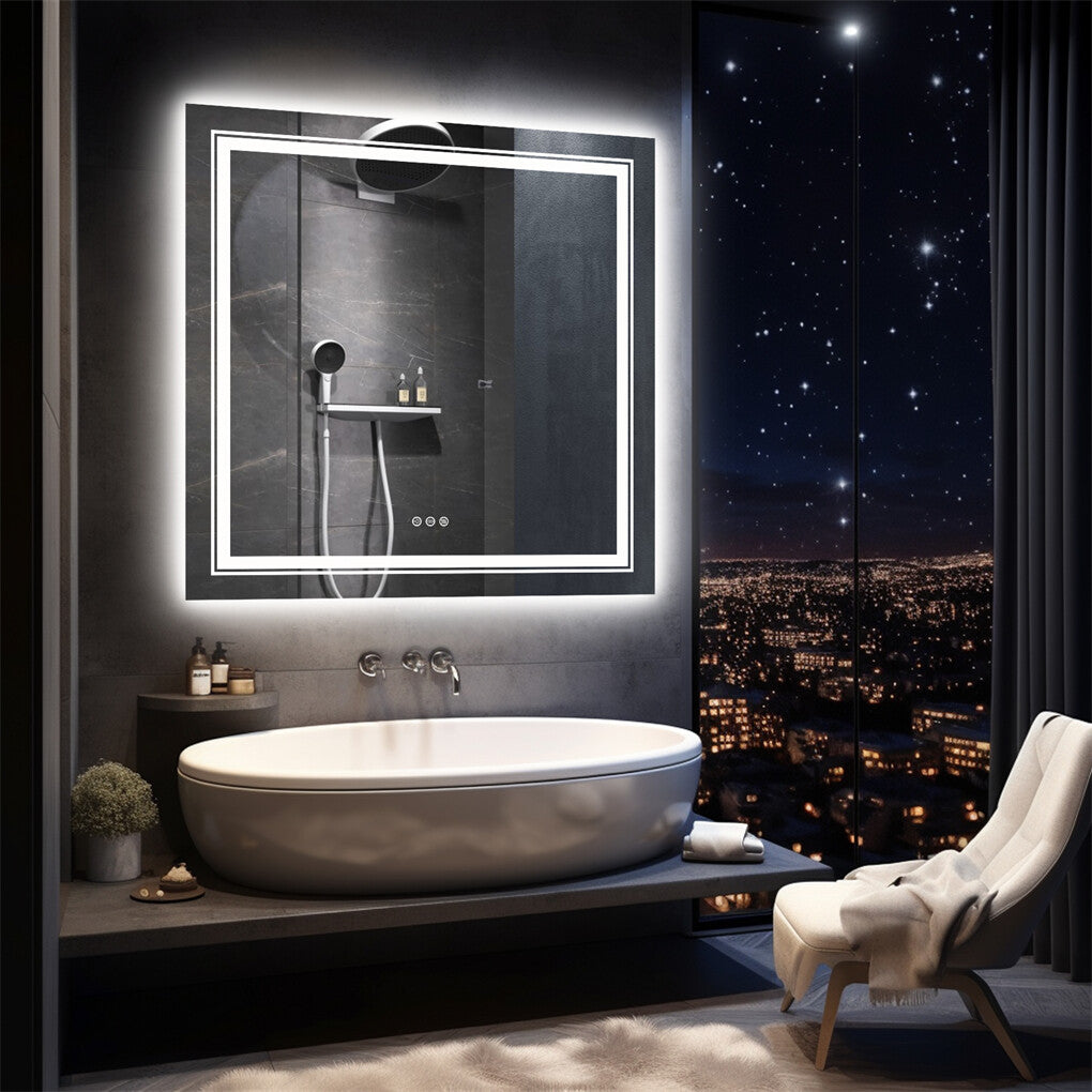 Mirrors: Fin Large Square Wall Mount Smart Led Bathroom Mirror Anti Fog Backlit Vanity Mirror