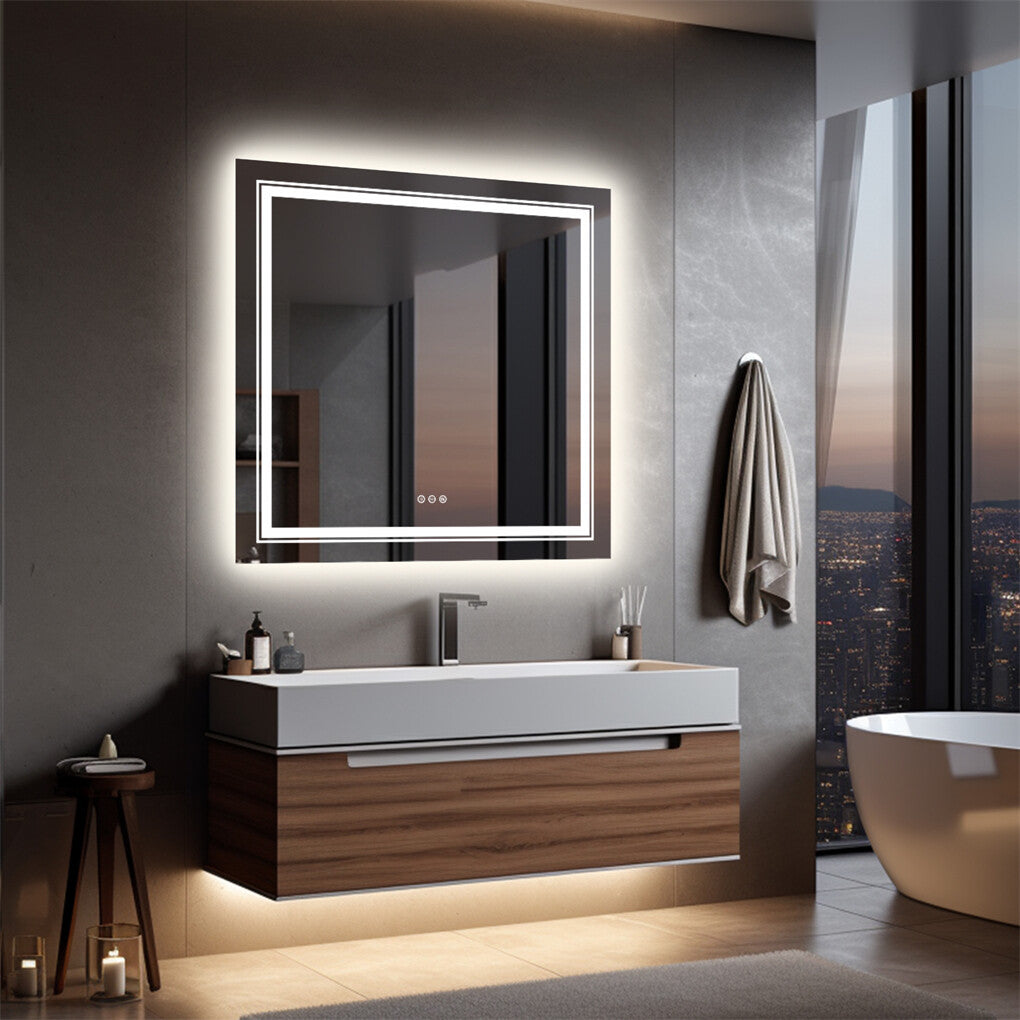 Mirrors: Fin Large Square Wall Mount Smart Led Bathroom Mirror Anti Fog Backlit Vanity Mirror