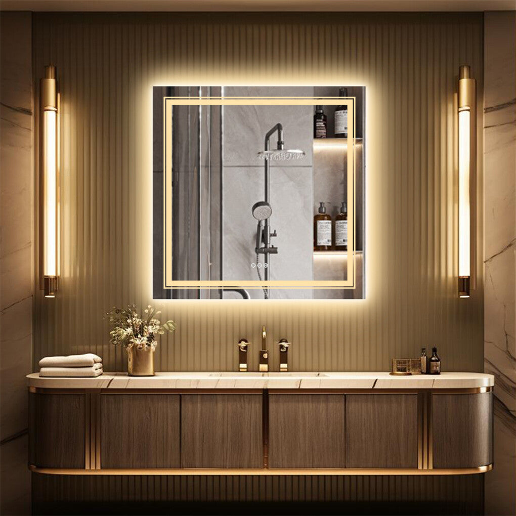 Mirrors: Fin Large Square Wall Mount Smart Led Bathroom Mirror Anti Fog Backlit Vanity Mirror