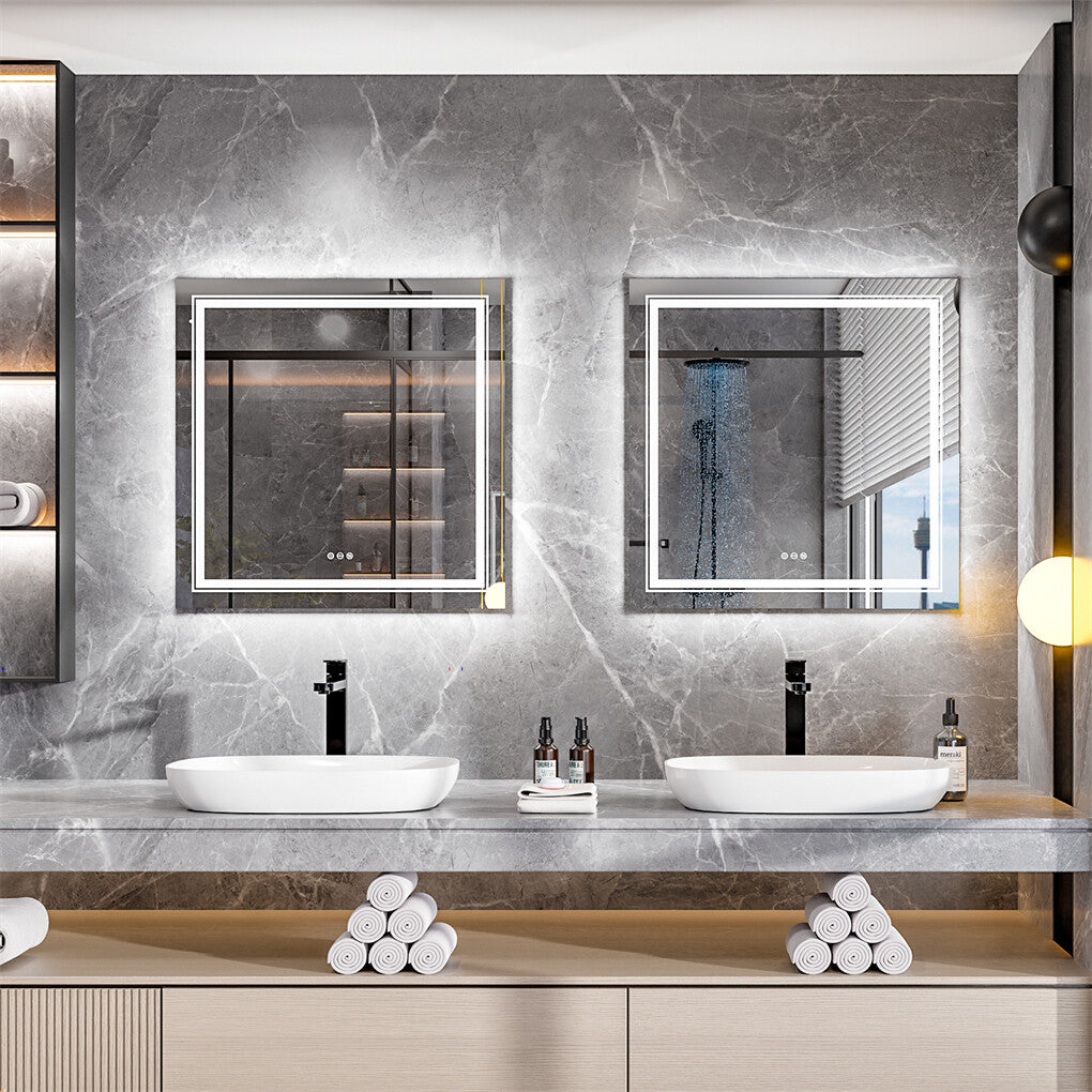 Mirrors: Fin Large Square Wall Mount Smart Led Bathroom Mirror Anti Fog Backlit Vanity Mirror