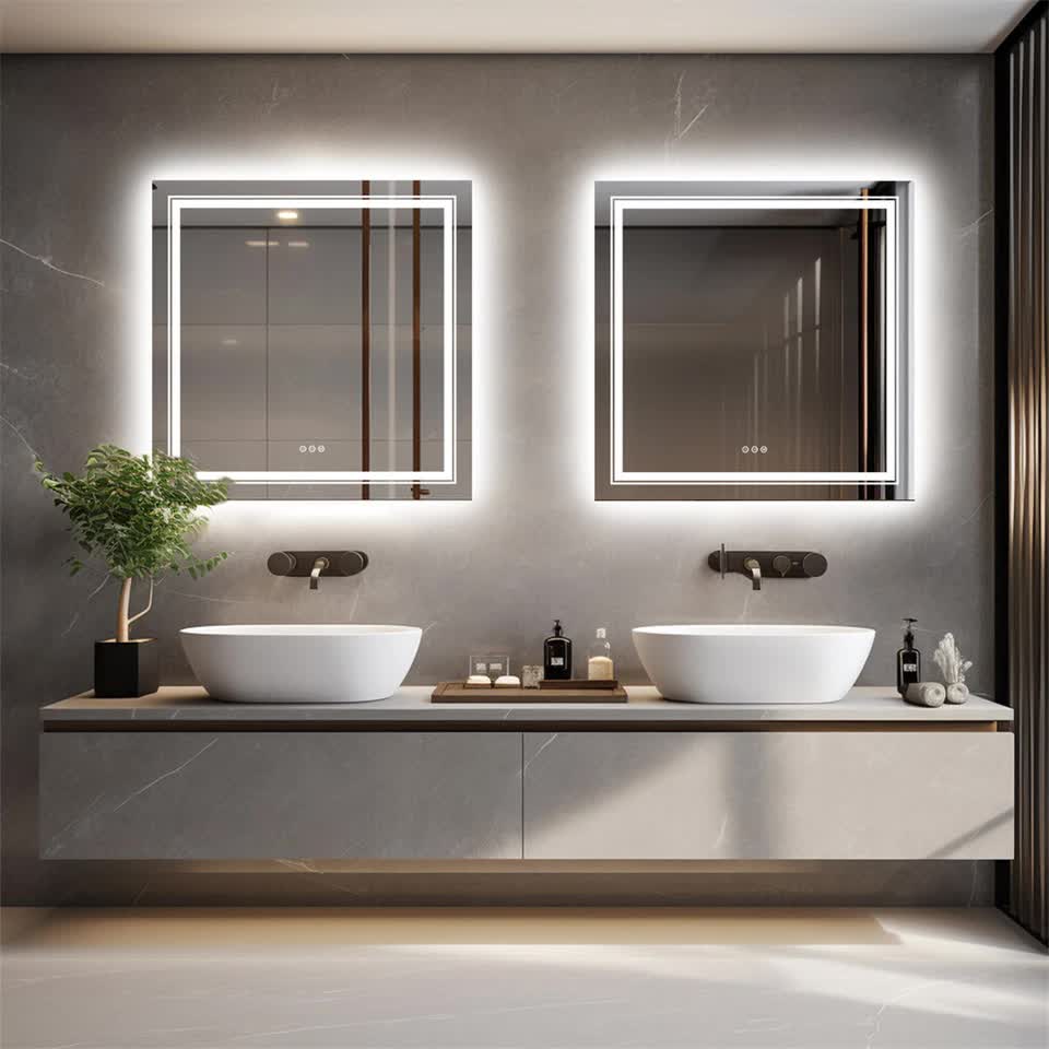 Mirrors: Fin Large Square Wall Mount Smart Led Bathroom Mirror Anti Fog Backlit Vanity Mirror