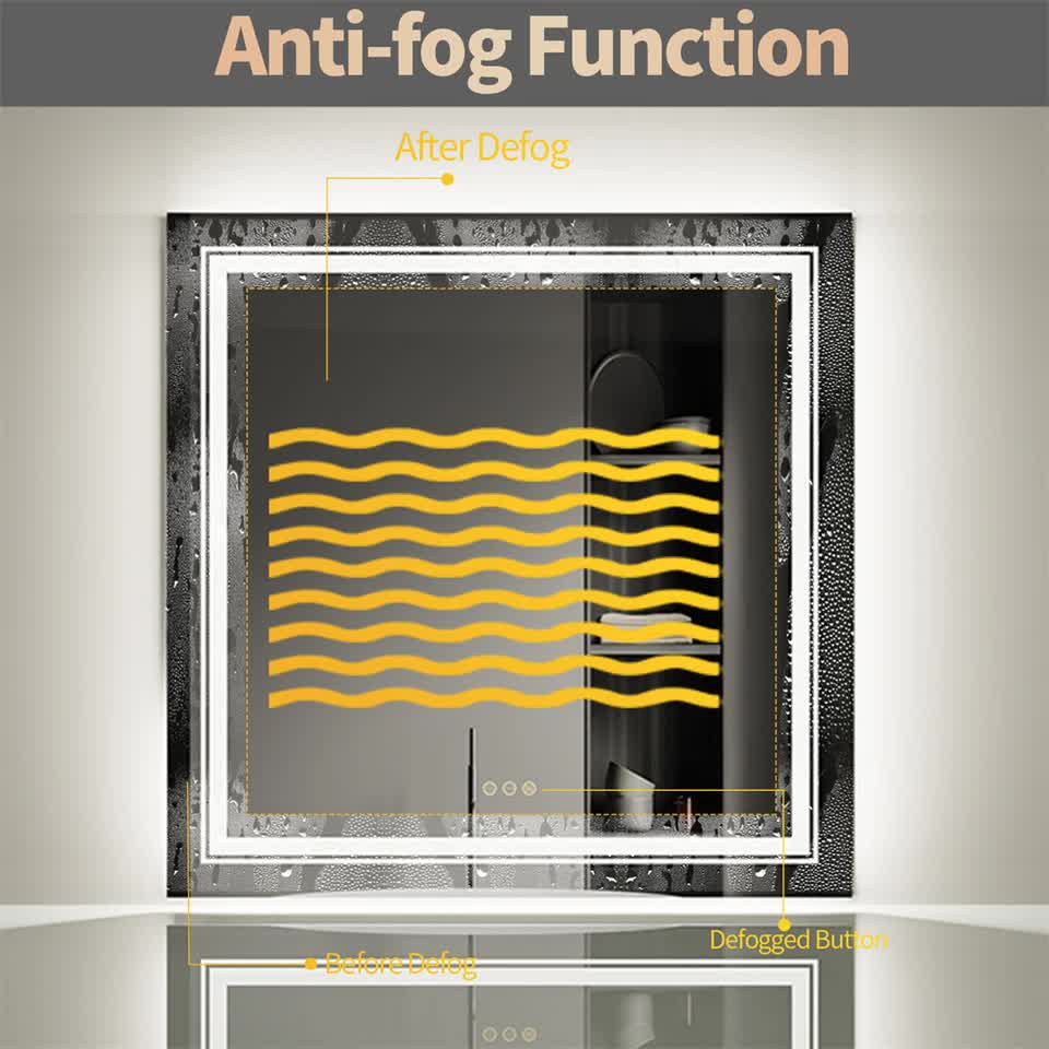 Mirrors: Fin Large Square Wall Mount Smart Led Bathroom Mirror Anti Fog Backlit Vanity Mirror