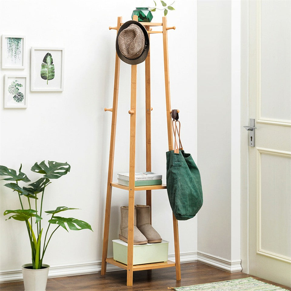 Coat Racks: 3 Layer 8 Hooks Shelf Clothes Coat Hat Rack Tree Stand Bamboo Hanger Organizer