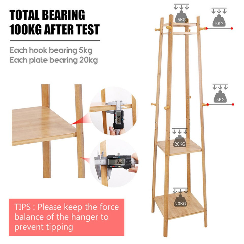 Coat Racks: 3 Layer 8 Hooks Shelf Clothes Coat Hat Rack Tree Stand Bamboo Hanger Organizer