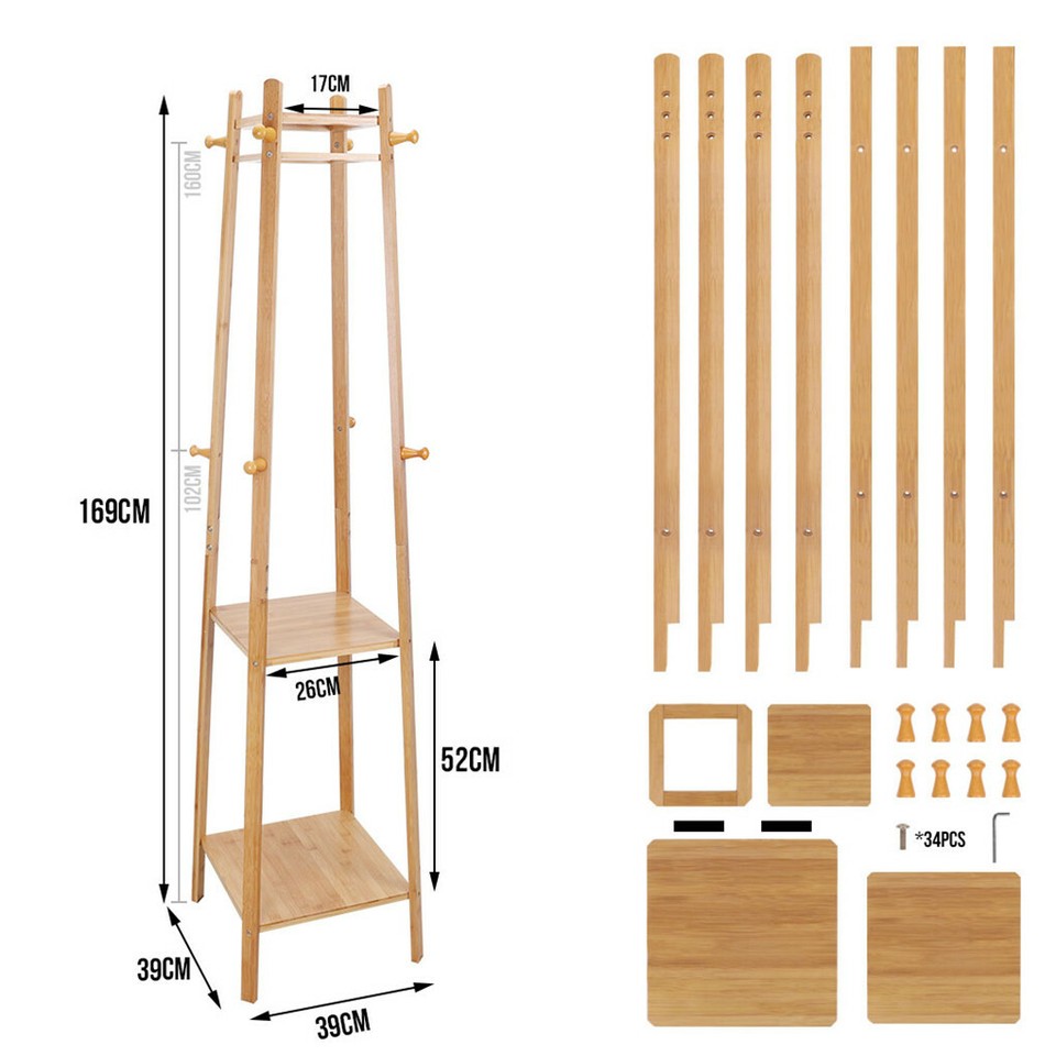 Coat Racks: 3 Layer 8 Hooks Shelf Clothes Coat Hat Rack Tree Stand Bamboo Hanger Organizer