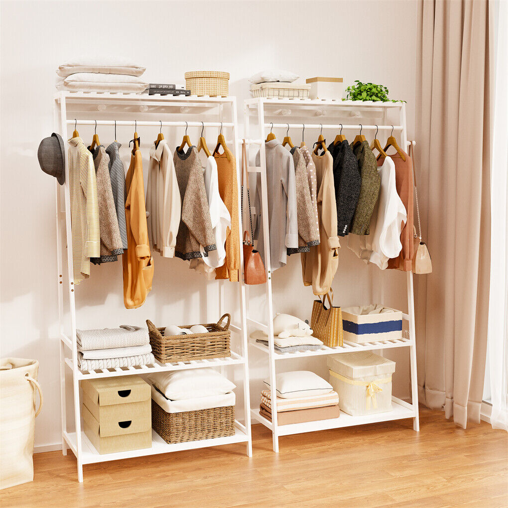 Wall Storage Racks: Large White Bamboo Garment Clothes Rack Shoes Coats Shelf w/ 3 Shelves & 10 Hook