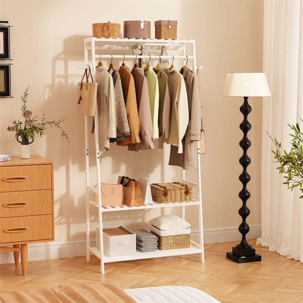 Wall Storage Racks: Large White Bamboo Garment Clothes Rack Shoes Coats Shelf w/ 3 Shelves & 10 Hook