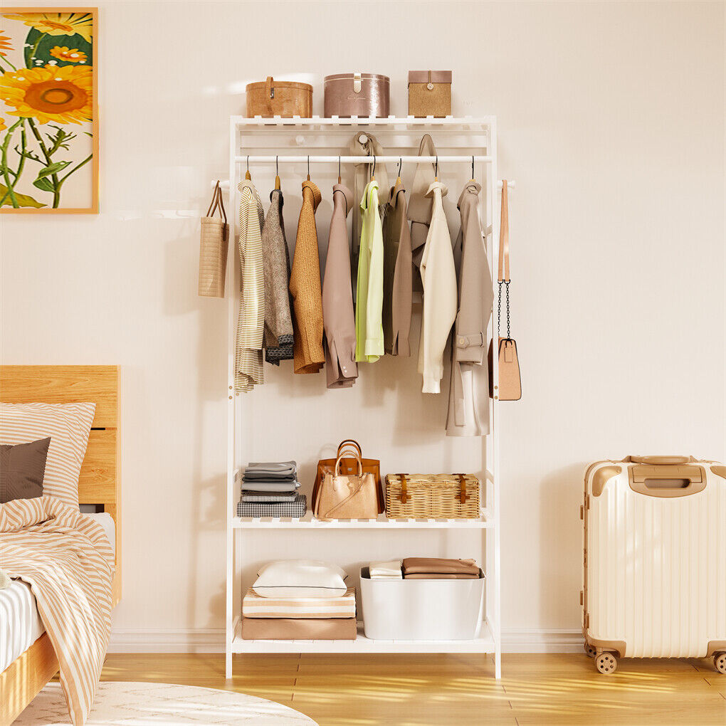 Wall Storage Racks: Large White Bamboo Garment Clothes Rack Shoes Coats Shelf w/ 3 Shelves & 10 Hook