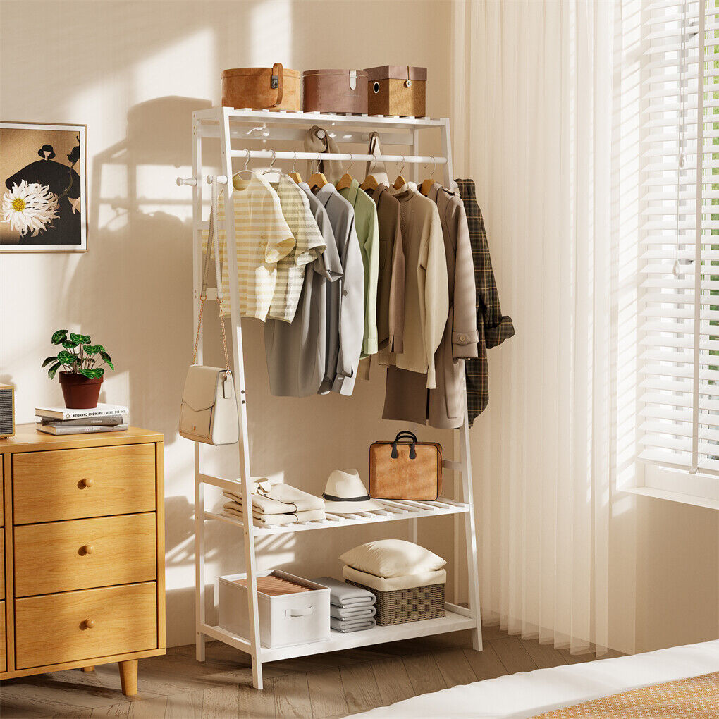 Wall Storage Racks: Large White Bamboo Garment Clothes Rack Shoes Coats Shelf w/ 3 Shelves & 10 Hook