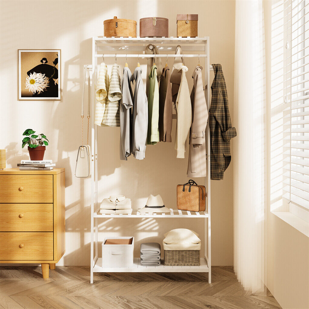 Wall Storage Racks: Large White Bamboo Garment Clothes Rack Shoes Coats Shelf w/ 3 Shelves & 10 Hook