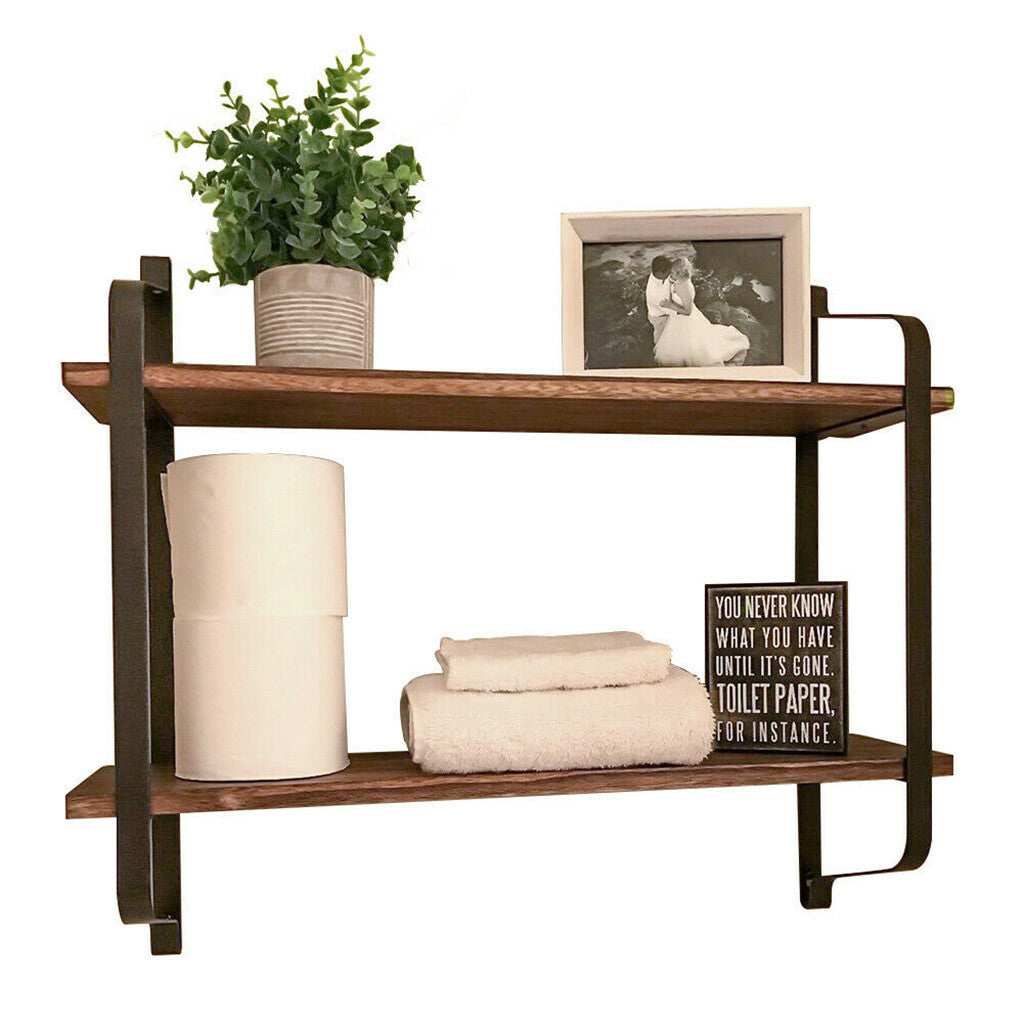 Wall Storage Racks: 2 Layer Wood Wall Shelves Home Decor Floating Shelf Metal Hanging Storage Rack