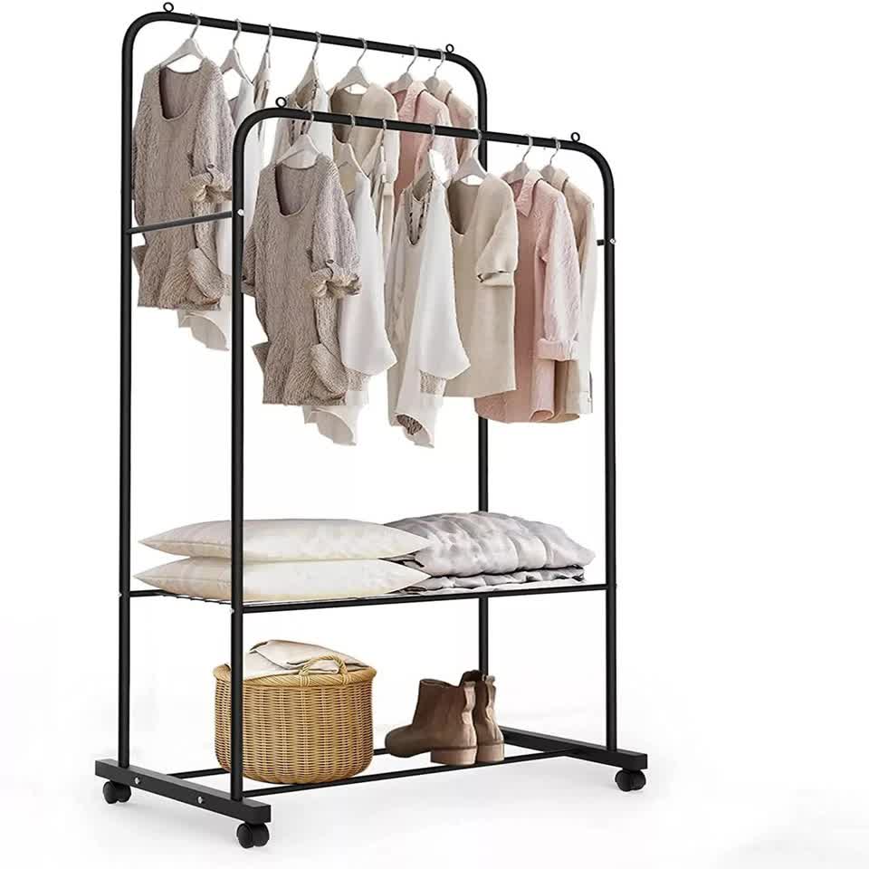 Coat Racks: Fin Heavy Thicken Metal Double Clothes Rail Sturdy Open Hanging Shelf Storage Rack