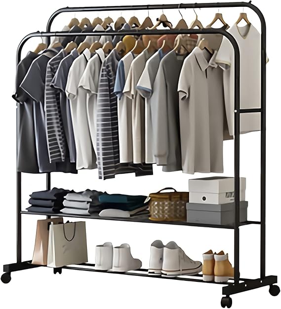 Coat Racks: Fin Heavy Thicken Metal Double Clothes Rail Sturdy Open Hanging Shelf Storage Rack