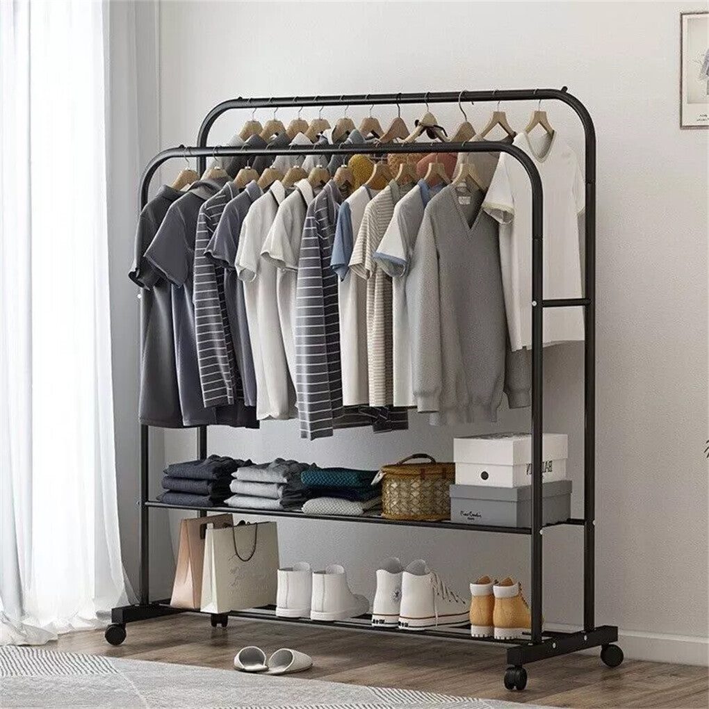 Coat Racks: Fin Heavy Thicken Metal Double Clothes Rail Sturdy Open Hanging Shelf Storage Rack