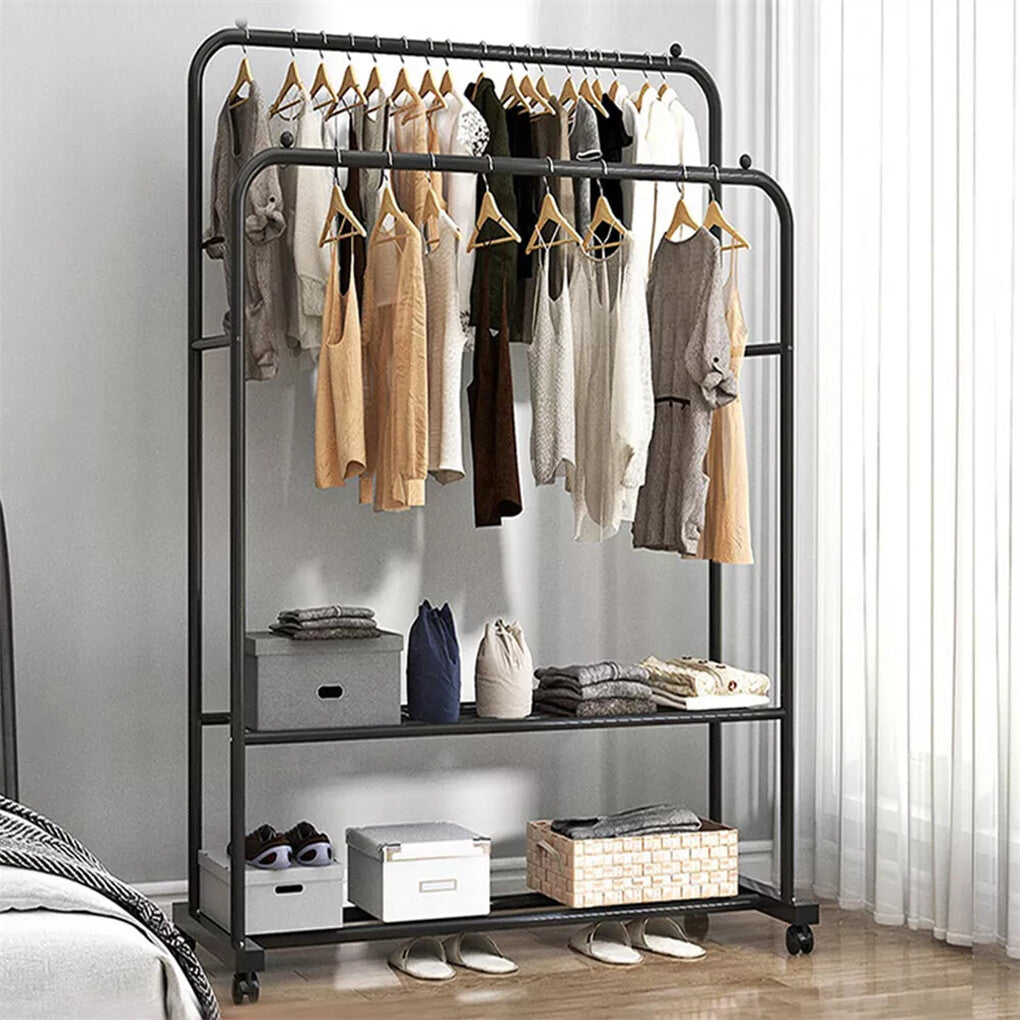 Coat Racks: Fin Heavy Thicken Metal Double Clothes Rail Sturdy Open Hanging Shelf Storage Rack