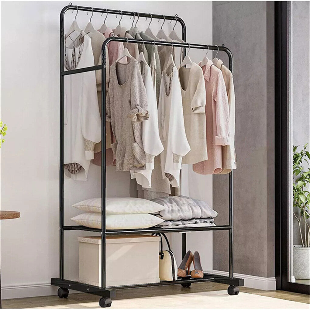 Coat Racks: Fin Heavy Thicken Metal Double Clothes Rail Sturdy Open Hanging Shelf Storage Rack