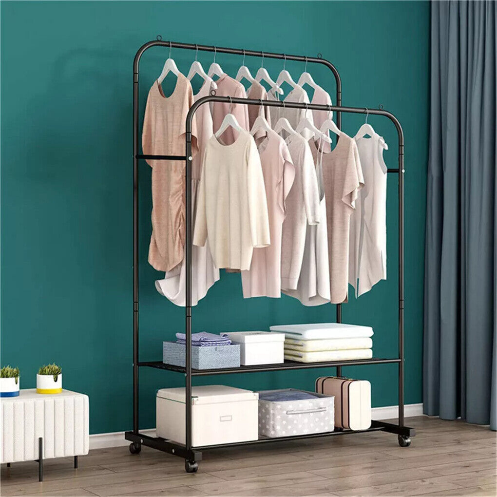 Coat Racks: Fin Heavy Thicken Metal Double Clothes Rail Sturdy Open Hanging Shelf Storage Rack
