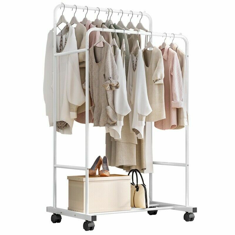Coat Racks: Heavy Duty Double Rail Garment Rack Rolling Clothes Rack 2Tier Storage Shelf