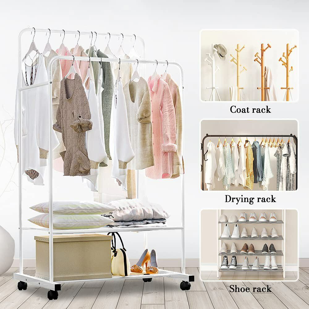 Coat Racks: Heavy Duty Double Rail Garment Rack Rolling Clothes Rack 2Tier Storage Shelf