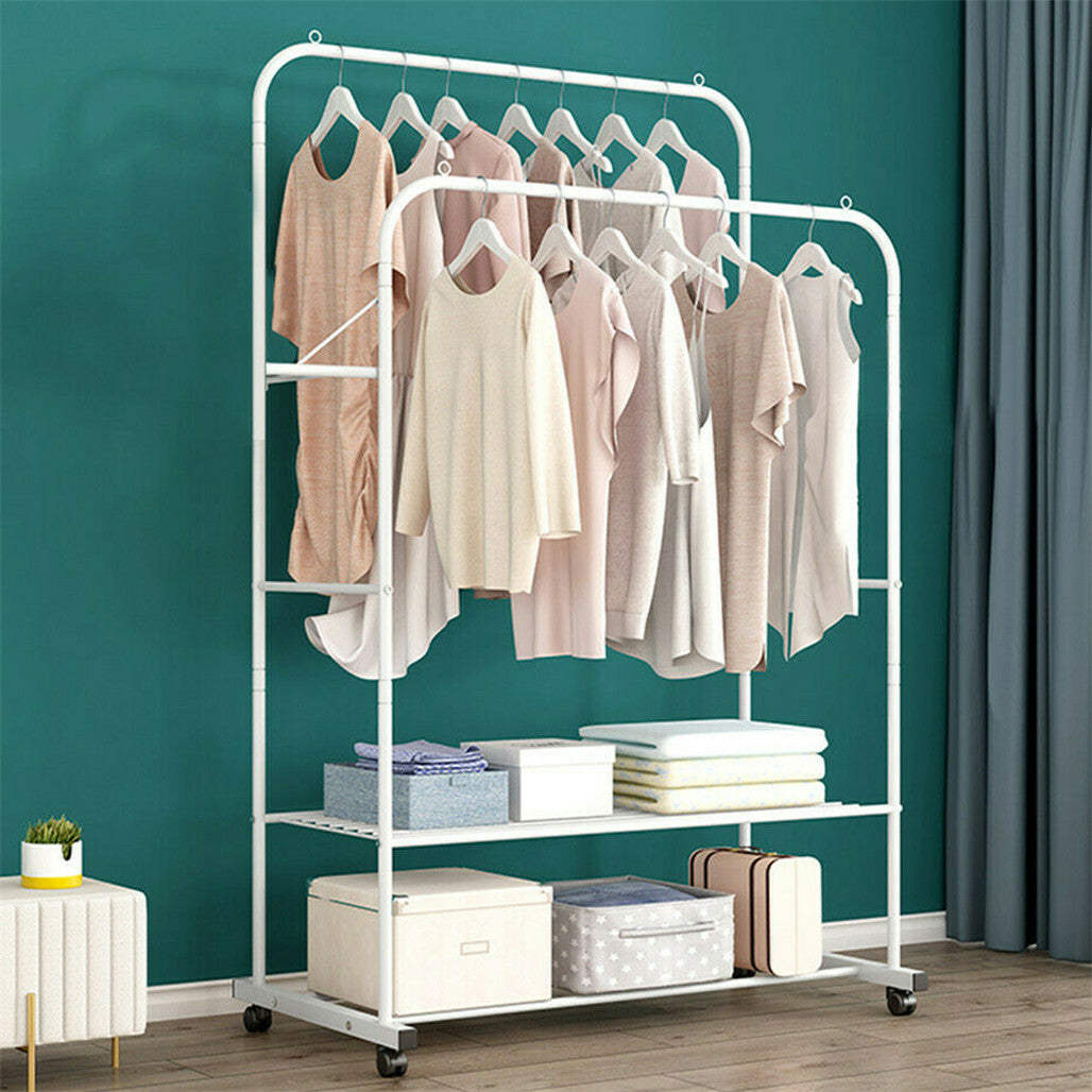 Coat Racks: Heavy Duty Double Rail Garment Rack Rolling Clothes Rack 2Tier Storage Shelf