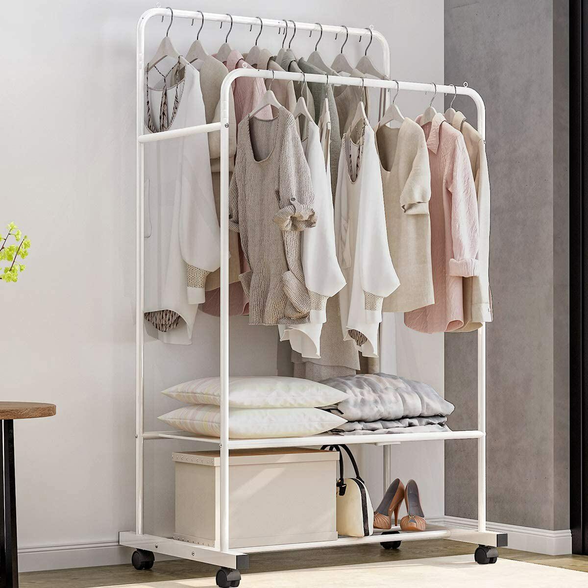 Coat Racks: Heavy Duty Double Rail Garment Rack Rolling Clothes Rack 2Tier Storage Shelf