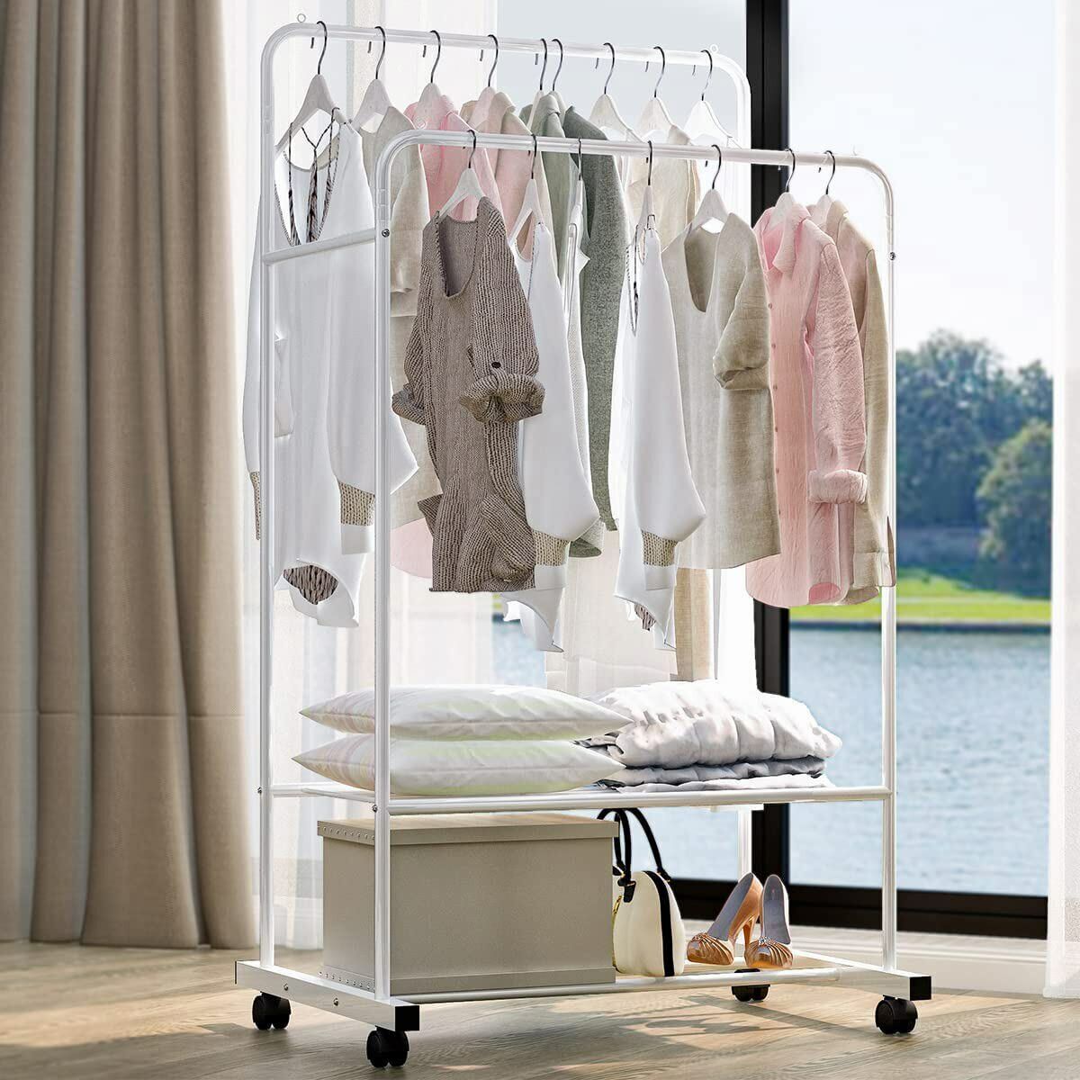 Coat Racks: Heavy Duty Double Rail Garment Rack Rolling Clothes Rack 2Tier Storage Shelf
