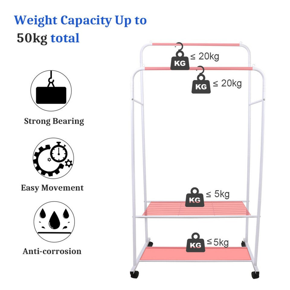 Coat Racks: Heavy Duty Double Rail Garment Rack Rolling Clothes Rack 2Tier Storage Shelf