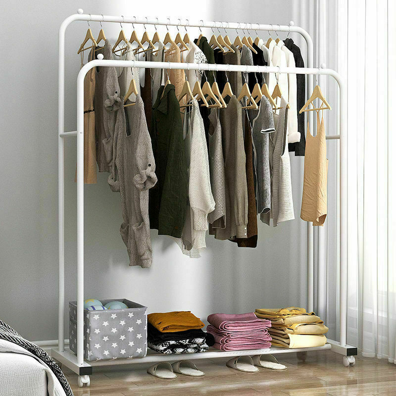 Coat Racks: Heavy Duty Double Clothes Rail Rack Garment Hanging Display Stand 4 Wheel Armoir