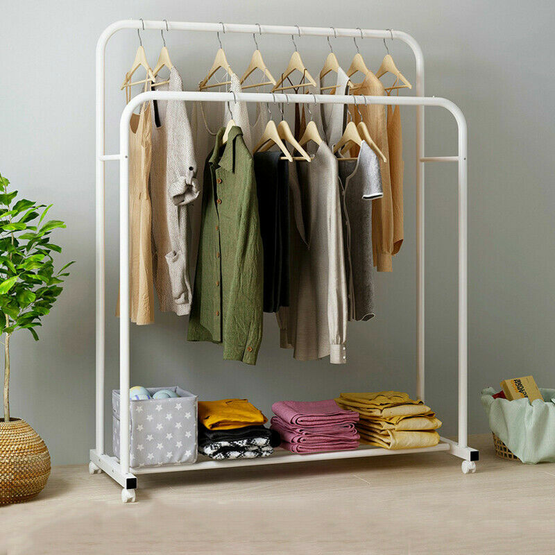 Coat Racks: Heavy Duty Double Clothes Rail Rack Garment Hanging Display Stand 4 Wheel Armoir