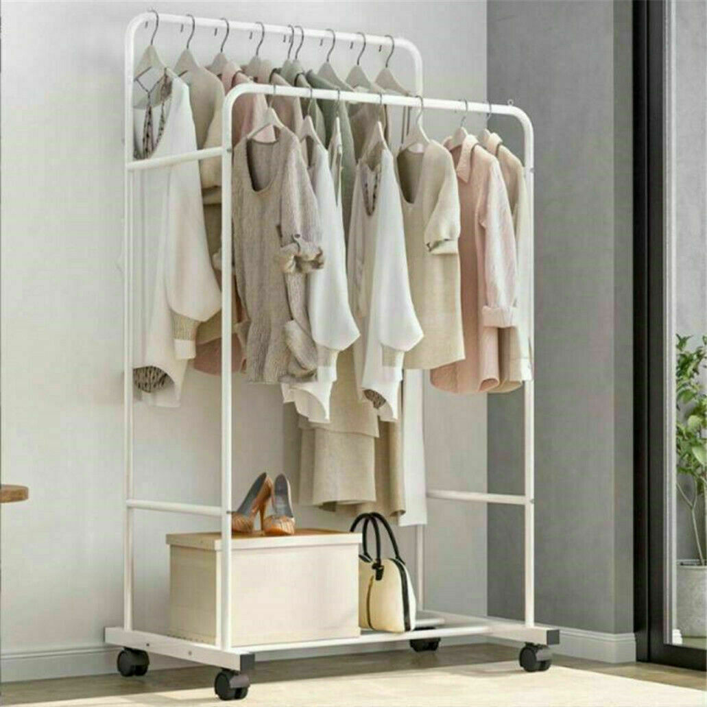 Coat Racks: Heavy Duty Double Clothes Rail Rack Garment Hanging Display Stand 4 Wheel Armoir