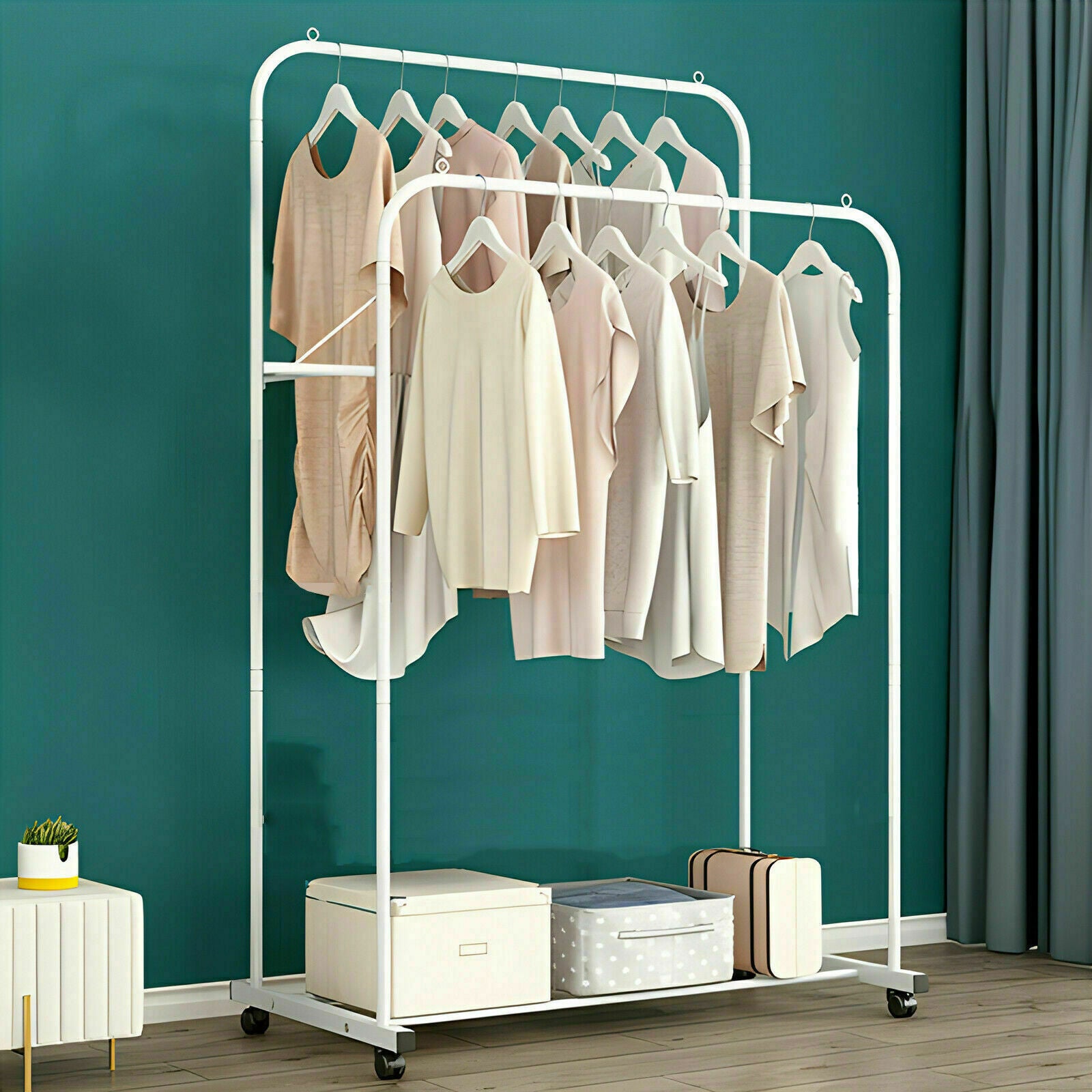 Coat Racks: Heavy Duty Double Clothes Rail Rack Garment Hanging Display Stand 4 Wheel Armoir