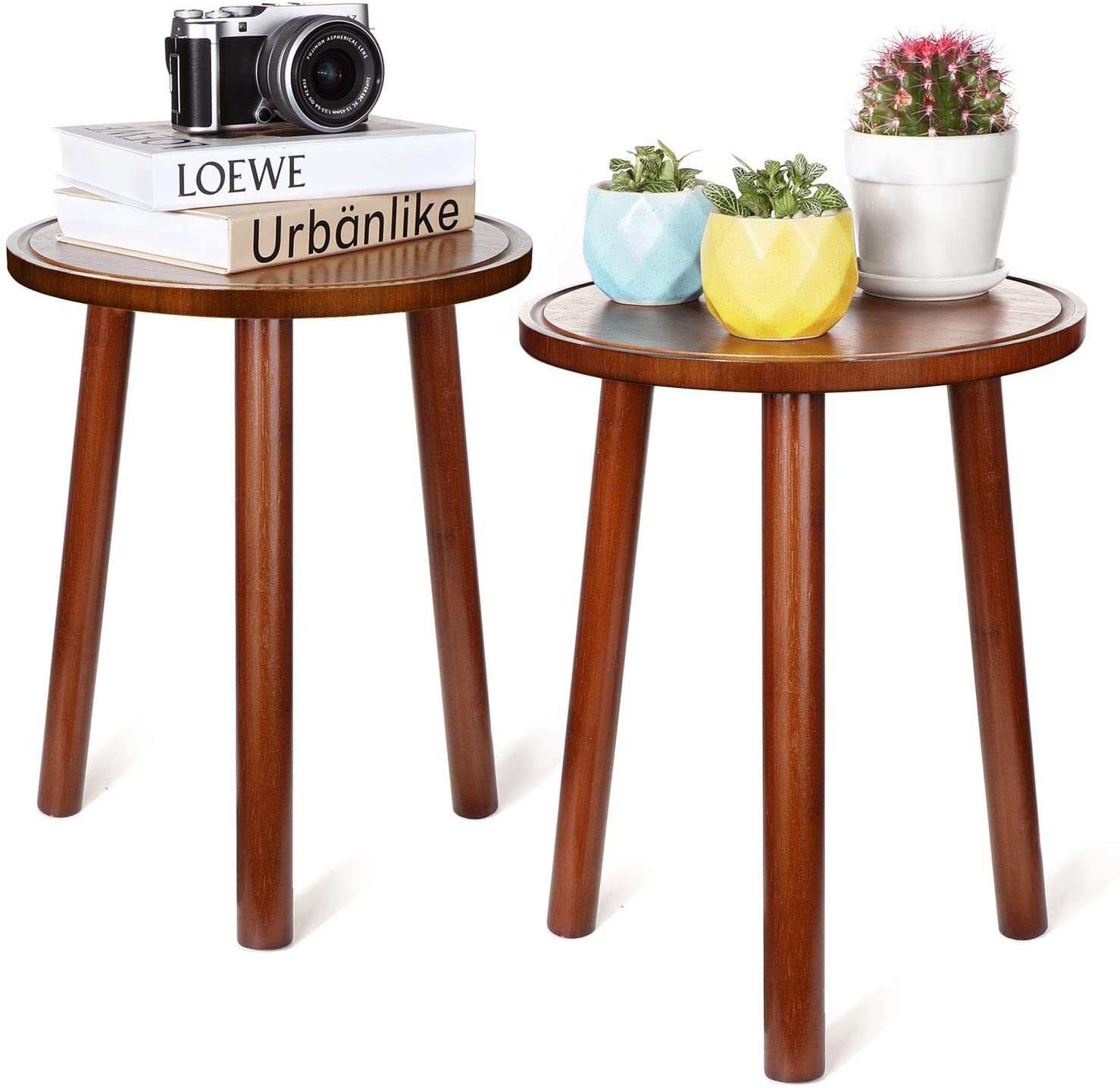 2Pcs Small Side Table Round End Table Wood Plant Stand Super Thick 3-Legs Stool