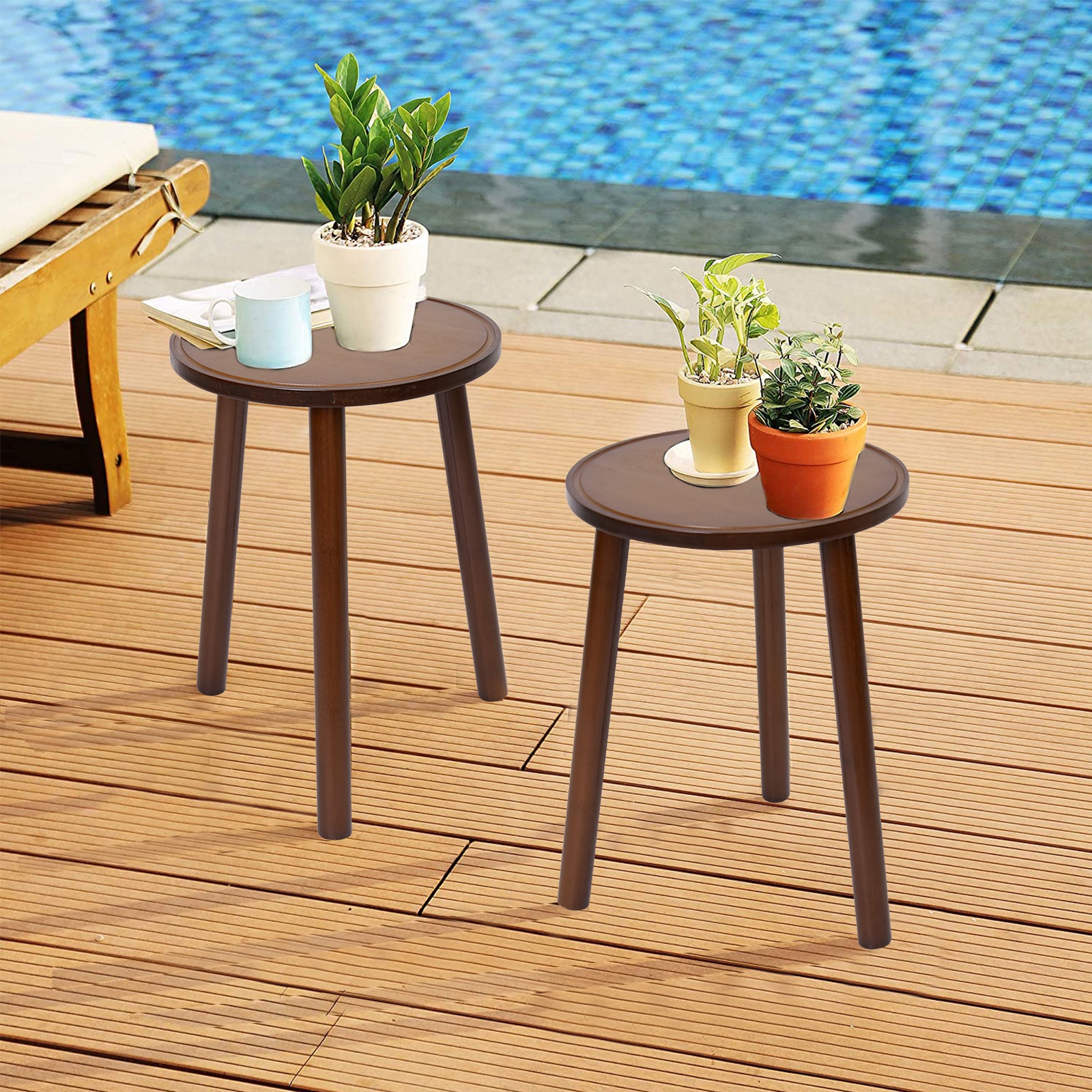 2Pcs Small Side Table Round End Table Wood Plant Stand Super Thick 3-Legs Stool