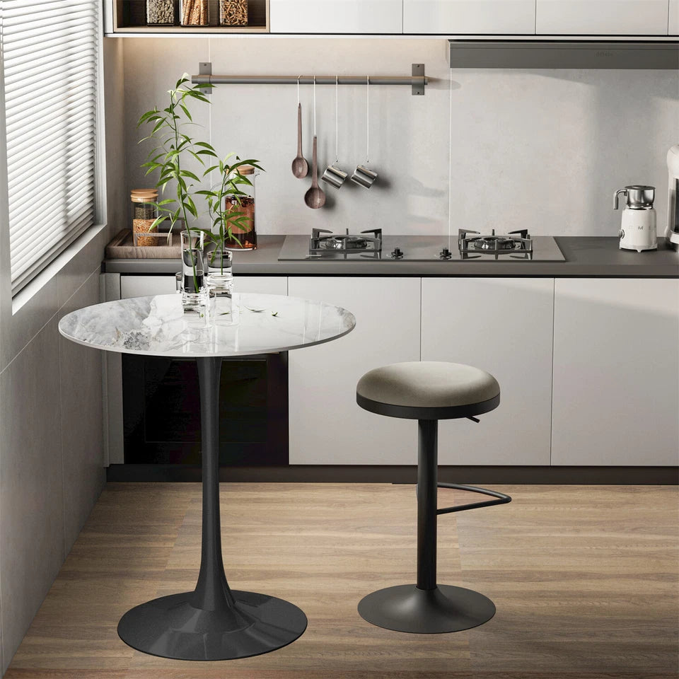 Table & Bar Stools: P&P Glossy Jade Round Sintered Stone Bar Table With Black Base For Stylish Interiors