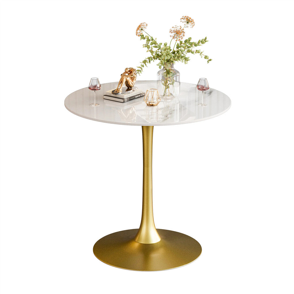 Table & Bar Stools: 100cm Round High Bar Table Sintered Stone Top Bistro Pub Table White Top with Gold Legs