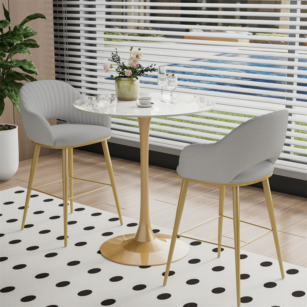 Table & Bar Stools: 100cm Round High Bar Table Sintered Stone Top Bistro Pub Table White Top with Gold Legs